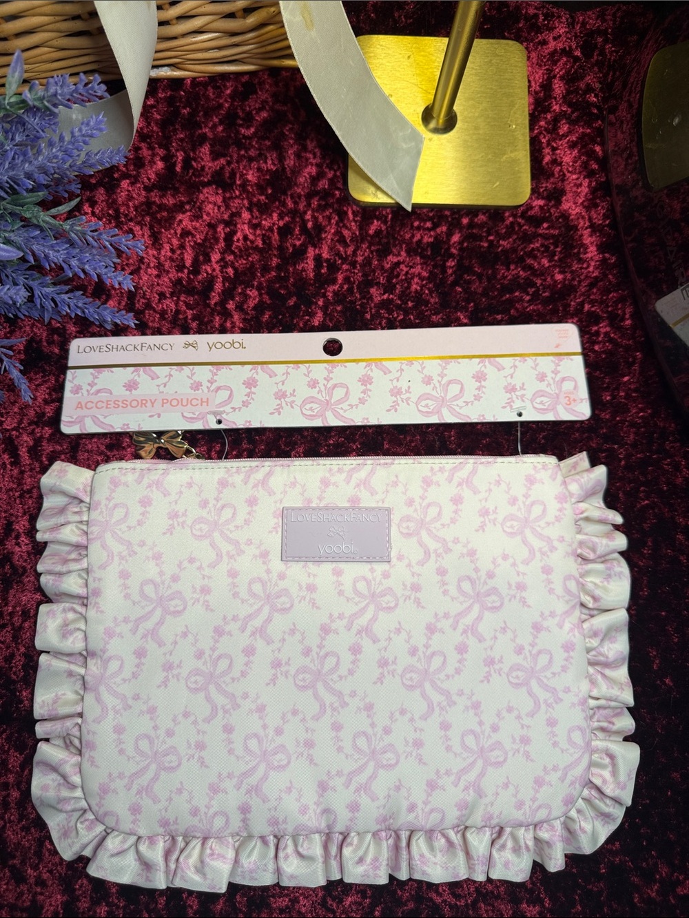 LoveShackFancy Pink Ruffle Bow Print Accessory Pouch